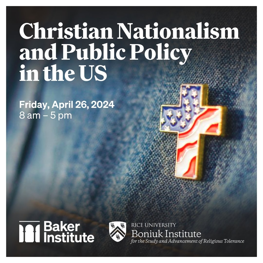 I'm thrilled to be participating in this one-day event on #ChristianNationalism and public policy alongside a killer line-up of scholars, journalists, and faith leaders. Hosted by the @BakerInstitute @BoniukInstitute. You can attend in person or online: bit.ly/3J0AHJZ