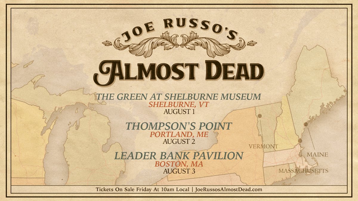 #NewShows!

THU AUG 1 Shelburne, VT ~ The Green At @ShelburneMuseum 
FRI AUG 2 Portland, ME ~ @ThompsonsPoint 
SAT AUG 3 Boston, MA ~ @LB_Pavilion 

Presale WED, APR 17 at 12PM ET

The PW will be posted here at the time noted above.

Regular On Sale FRI, APR 19 at 10AM ET