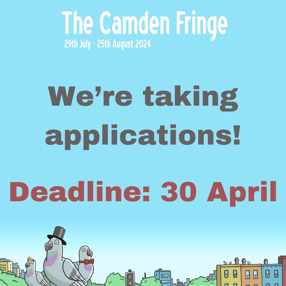 Camden Fringe (@camdenfringe) on Twitter photo 15 days to get your application in for the 2024 Camden Fringe.
Our 18th annual festival will run from the 29 July to the 25th of August in loads of great fringe venues across North London.
Find out more here: camdenfringe.com/take-part/ and apply via <a href="/eventotron/">Eventotron</a> 15 days to get your application in for the 2024 Camden Fringe.
Our 18th annual festival will run from the 29 July to the 25th of August in loads of great fringe venues across North London.
Find out more here: camdenfringe.com/take-part/ and apply via <a href="/eventotron/">Eventotron</a>