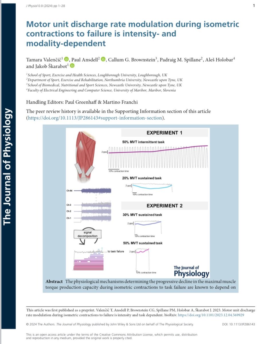🔹️Incredibly excited and proud to finally be able to share this paper with the world! ☺️🎉 🔹️We show that discharge rate adjustments of the vastii motor units during isometric contractions to failure depend on contraction intensity and modality.🤓 physoc.onlinelibrary.wiley.com/doi/full/10.11…