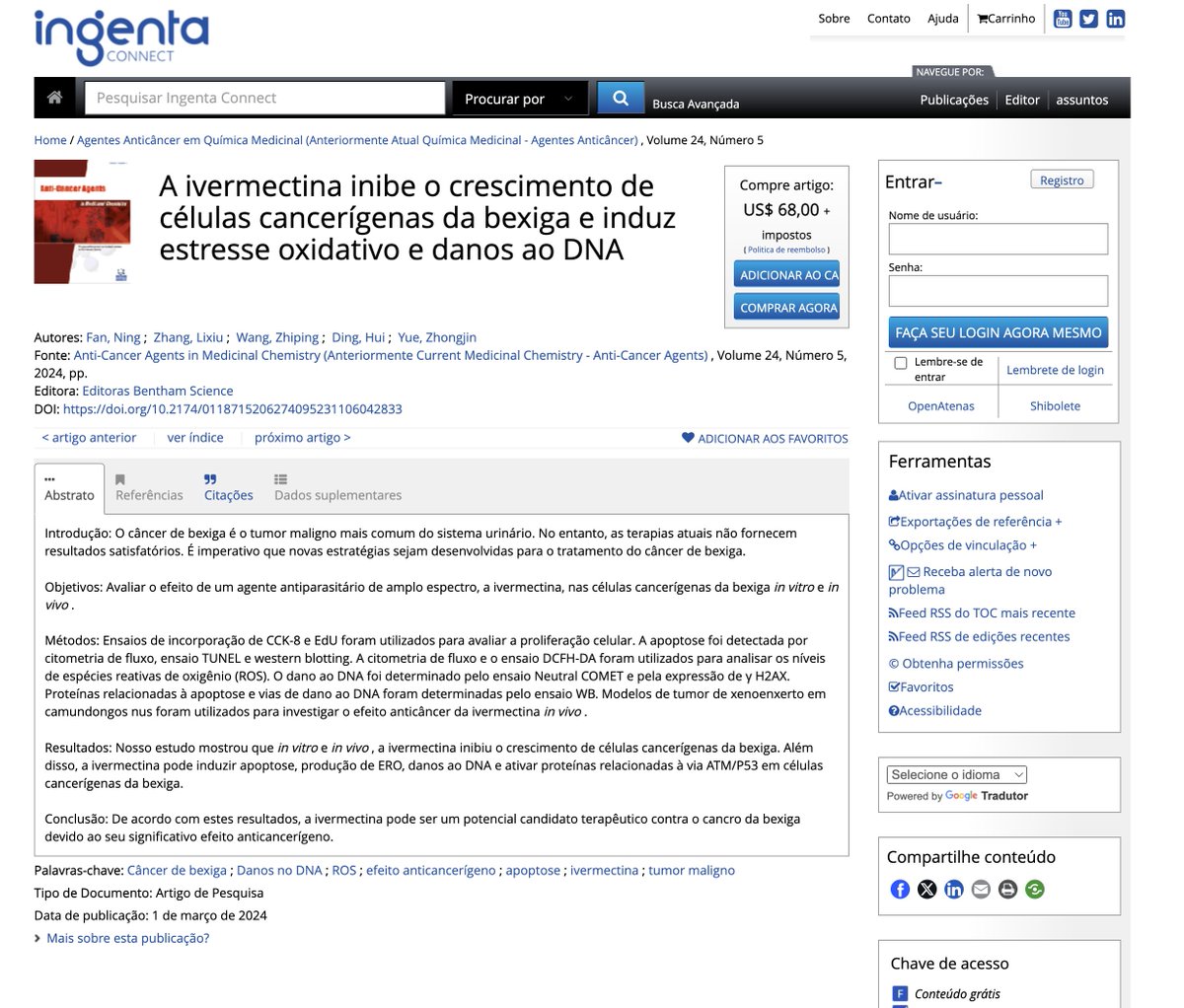 filipe_rafaeli's tweet photo. "A ivermectina inibe o crescimento de células cancerígenas da bexiga e induz estresse oxidativo e danos ao DNA".

De agora, 2024. Que coisa, não? https://t.co/BCWRQtr3BA