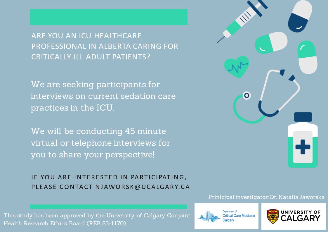 Calgary Critical Care Research Network (@c3_resnetwork) on Twitter photo We are seeking ICU healthcare professionals in Alberta to participate in interviews for a research study to understand sedation practices for ICU patients. If you are interested in participating, please contact njaworsk<at>ucalgary.ca. #icu #sedation <a href="/n_jaworska/">Natalia Jaworska</a> We are seeking ICU healthcare professionals in Alberta to participate in interviews for a research study to understand sedation practices for ICU patients. If you are interested in participating, please contact njaworsk<at>ucalgary.ca. #icu #sedation <a href="/n_jaworska/">Natalia Jaworska</a>