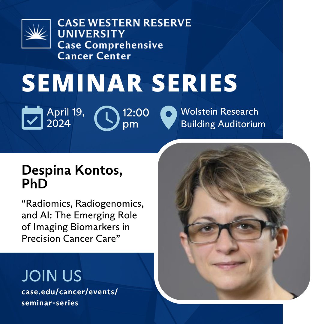 Join us in person or via livestream on Friday, April 19, for the Adamczyk Lecture presented in partnership with @CWRUBME, “Radiomics, Radiogenomics, and AI: The Emerging Role of Imaging Biomarkers in Precision Cancer Care” with @DespinaKontos.