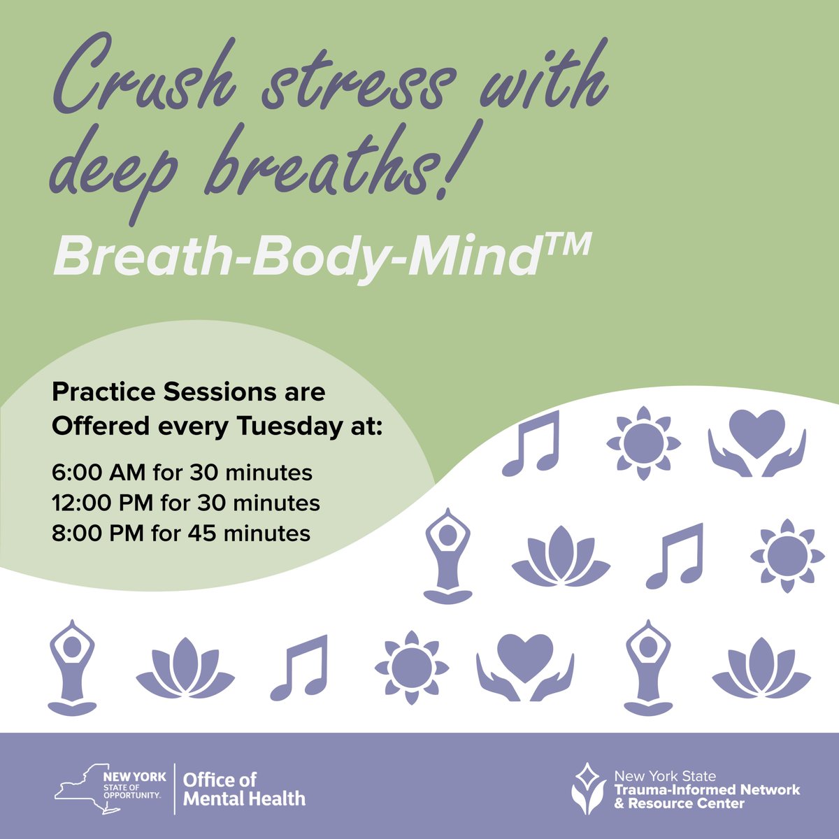 Wave goodbye to stress & breathe in tranquility. Join our free, online breathing sessions. Breath-Body-Mind™ practices help you manage & reduce stress. Sign up for our weekly sessions: shorturl.at/FNRS5 #breathbodymind #breathingbreak #stressfree #mentalhealthmatters