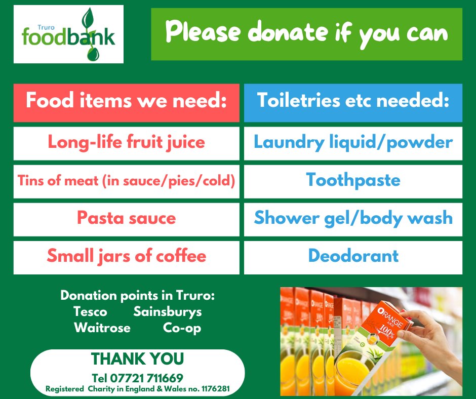 Our food stocks are running low; we are in urgent need of donations of long-life fruit juice, tins of meat, pasta sauce and small jars of coffee as well as toothpaste, shower gel and deoderant. Could you donate 1 or 2 of the items to help local people in crisis? #helpisoutthere