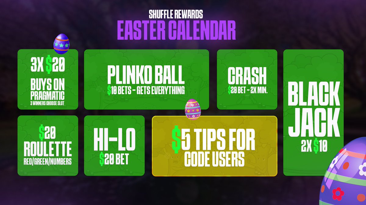 RewardsShuffle's tweet image. Day 7 of our EASTER CALENDAR! 🐰✨

Today's reward is a bit different - we are tipping people on @shufflecom.

🎁 Tips to people using code "mrtree" on Shuffle (shuffle.com/?r=mrtree).

💠 How to join: 
🔷 Retweet and Follow us! 
🔷 Tag a friend
🔷 Leave your Shuffle username +…