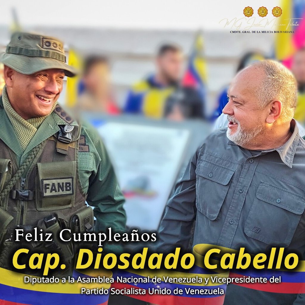 En nombre de la @Milicia_b1, felicito al camarada de la Patria, el Cap. @dcabellor, por arribar a un año más de vida. Que Dios Todopoderoso lo llene de éxitos y bendiciones, siempre a la vanguardia en la lucha junto al pueblo venezolano. ¡Feliz Cumpleaños mi Capitán!