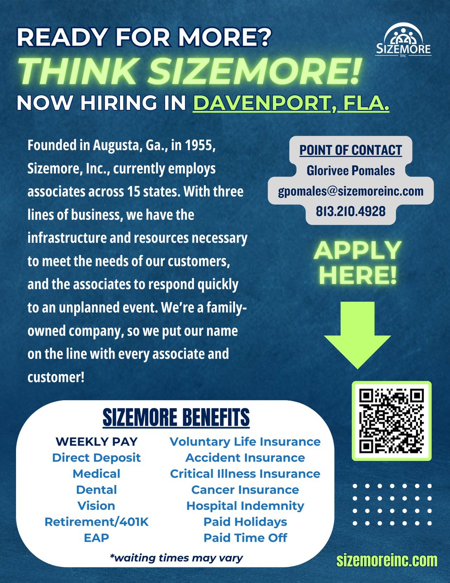 #sizemore #sizemoreinc #sizemorejobs #needmorethinksizemore #security #staffing #janitorial #nowhiring #housekeepers #warehousetechs #davenport #davenportflajobs #flajobs