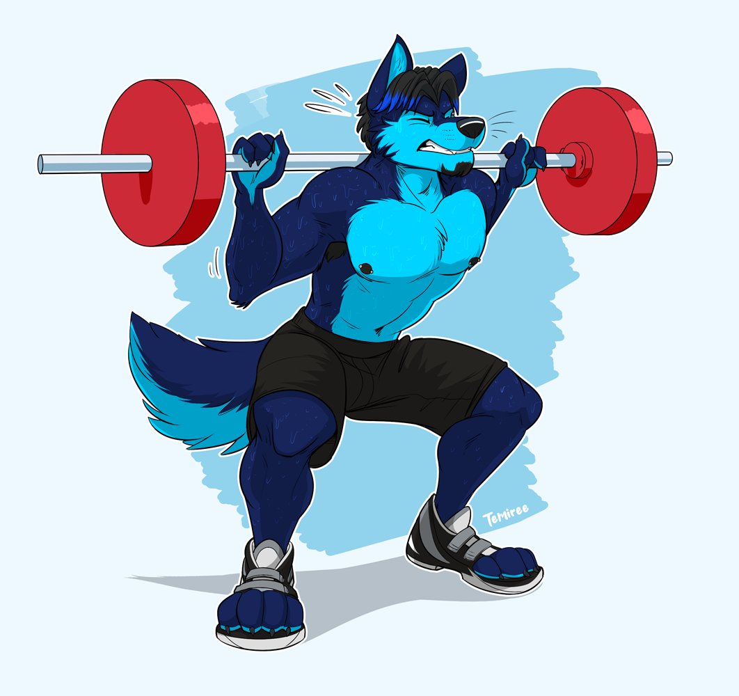 Commission for @DJBlueWolf, featuring DJ in the middle of some difficult leg day exercises! 🦵💦