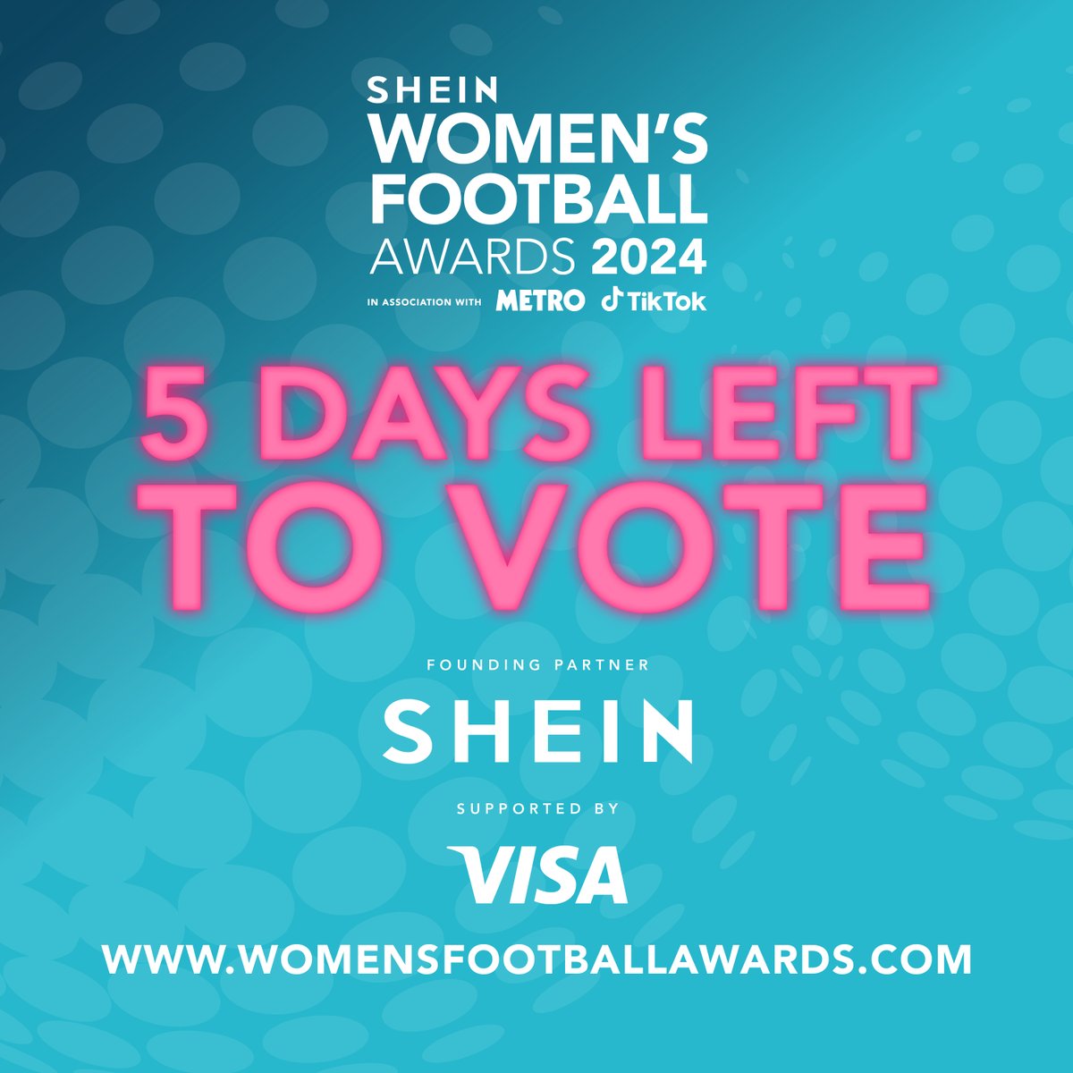 Only 5 days left to cast your votes for the 2024 Women's Football Awards! 🏆⚽️ Don't miss your chance to support your favourite players, teams, brands and women's football heroes. Head to womensfootballawards.com to vote now! #WFA24 #VoteNow