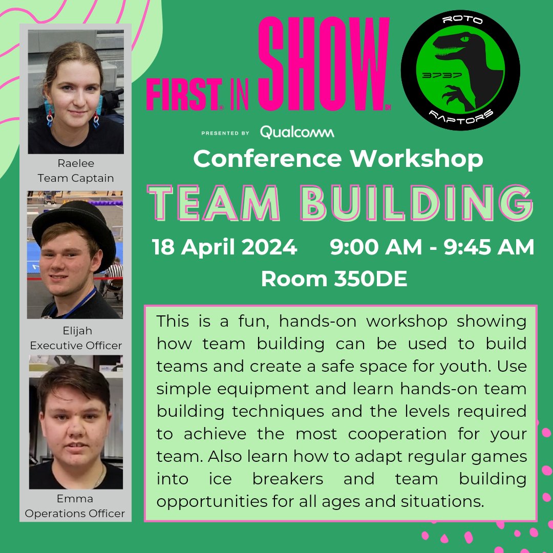 Heading to the FIRST Championship?  Swing by conference center room 350DE on Thursday morning for our Team Building workshop!
_____
#MoreThanRobots #Inclusion #Teambuilding @FIRSTweets @FIRSTNC #FRC @FRCTeams #FIRSTRoboticsCompetition #CRESCENDO #FIRSTINSHOW