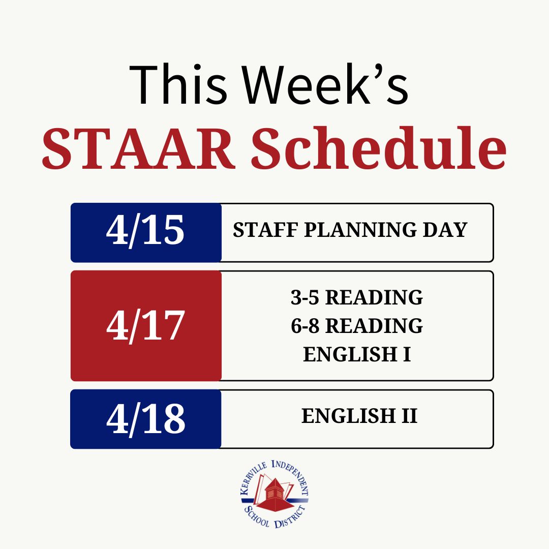 📝 STAAR Testing Dates As a reminder, STAAR testing kicks off this week! If you have any questions about testing, please contact your child’s campus administrator. Send them off with some encouragement & positive thoughts! #KISDinspires