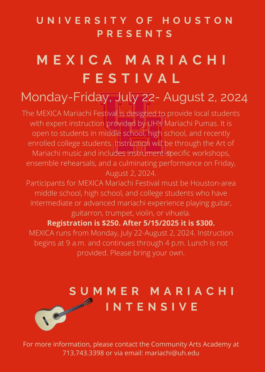 Looking for something educational and fun to do during the summer! Come and be a part of the University of Houston Mexica Mariachi Camp. Intermediate and Advanced levels. Registration is OPEN! uh.edu/kgmca/music/ev…