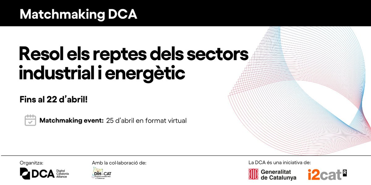 📢Ets membre #PremiumDCA? Presenta les teves solucions als reptes dels sectors #industrial i de l'energia al pròxim matchmaking! 🎯3 reptes que requereixen solucions tecnològiques innovadores! Tots els detalls a ➡️i.mtr.cool/ludsrwrxrk @tic @i2cat @dih4cat