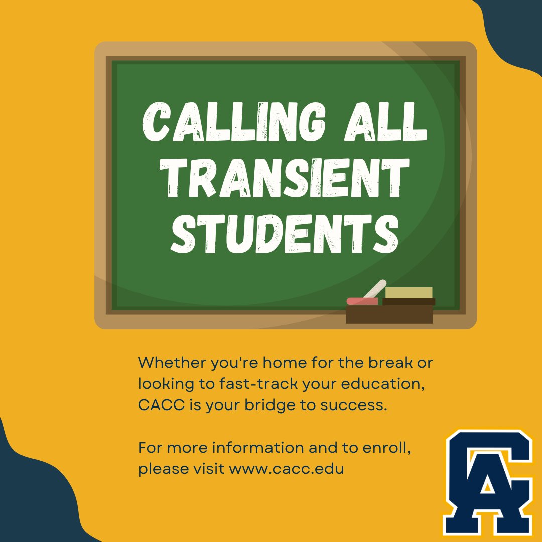 📢 Home for the break? Transient students, this call's for you! Accelerate your education this summer at #CACC.

Visit cacc.edu to enroll and stay on track for success. 🎓🌉

#SummerTerm #CollegeCredit #EnrollToday