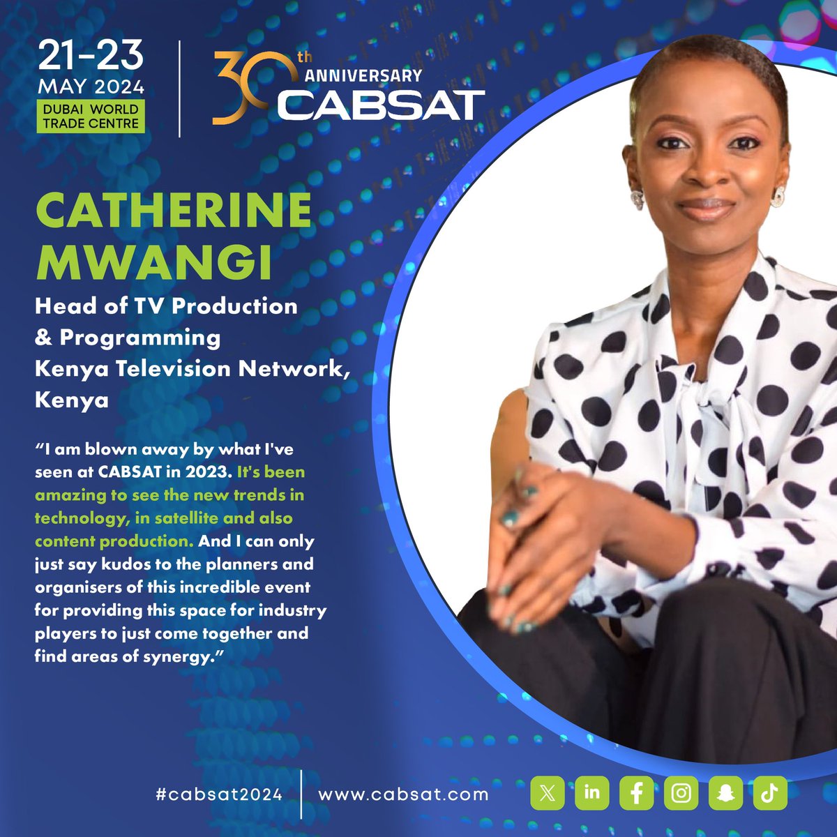 #CABSAT: Join industry luminary Catherine Mwangi, Head of TV Production at Kenya Television Network, for groundbreaking insights! 🌟 Dive into media, entertainment, and satellite innovations. 📡 Secure your spot now! 🔗 bit.ly/3VqMgl9 🎟️ #entertainment #satellite