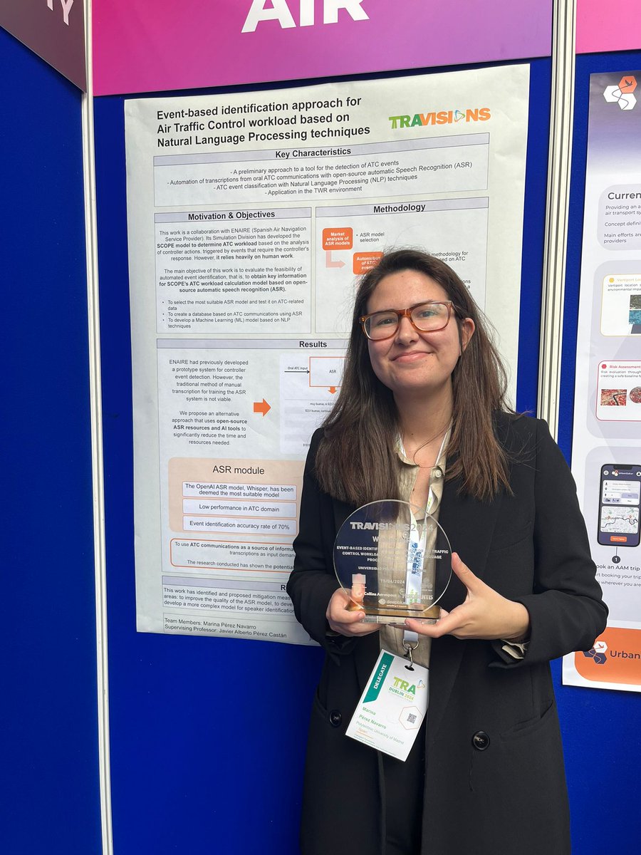 Marina Perez alumna de <a href="/aeroespacialUPM/">ETSIAE - UPM</a>  ha recibido el 1er premio del concurso <a href="/TRAVisions/">TRA Visions</a> en el que ha sido seleccionada las mejores ideas en el ámbito aeronáutica con un proyecto sobre la identificación de eventos ATC mediante el uso de IA junto a <a href="/ENAIRE/">ENAIRE</a>