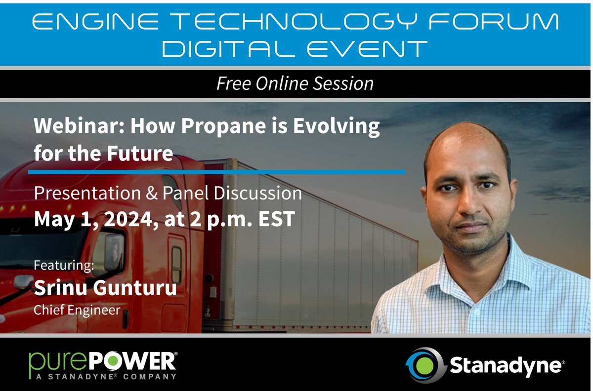 StanadyneGlobal's tweet photo. Stanadyne Chief Engineer Srinu Gunturu will be sharing the company’s latest direct injection propane fuel delivery advancements during the @EngineTechForum May 1, 2024 webinar.

To register, click here - https://t.co/Im1i7k6uOZ https://t.co/mXkhQrxsiR