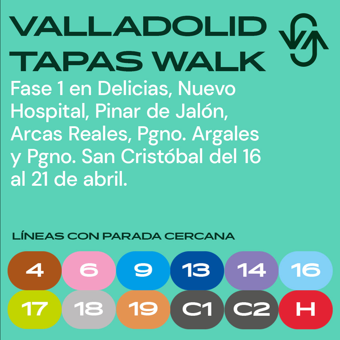 #GoValladolid 📢 Fase 1 de #ValladolidTapasWalk 📅 Del 16 al 21 de abril 📌 Delicias, Nuevo Hospital, Pinar Jalón, Arcas Reales, Pgno. Argales, Pgno. San Cristóbal 🚍 Líneas con paradas cercanas: 4, 6, 9, 13, 14, 16, 17, 18, 19, C1, C2 y H 👉 Disfruta de la actividad de @Apehva