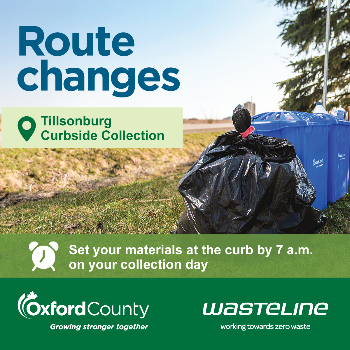 The Wednesday curbside collection routes in @TillsonburgTown are changing starting this week. Oxford County wants to use this route change to remind everyone to set materials at the curb by 7:00 a.m. on their collection day to ensure pick-up. wasteline.ca