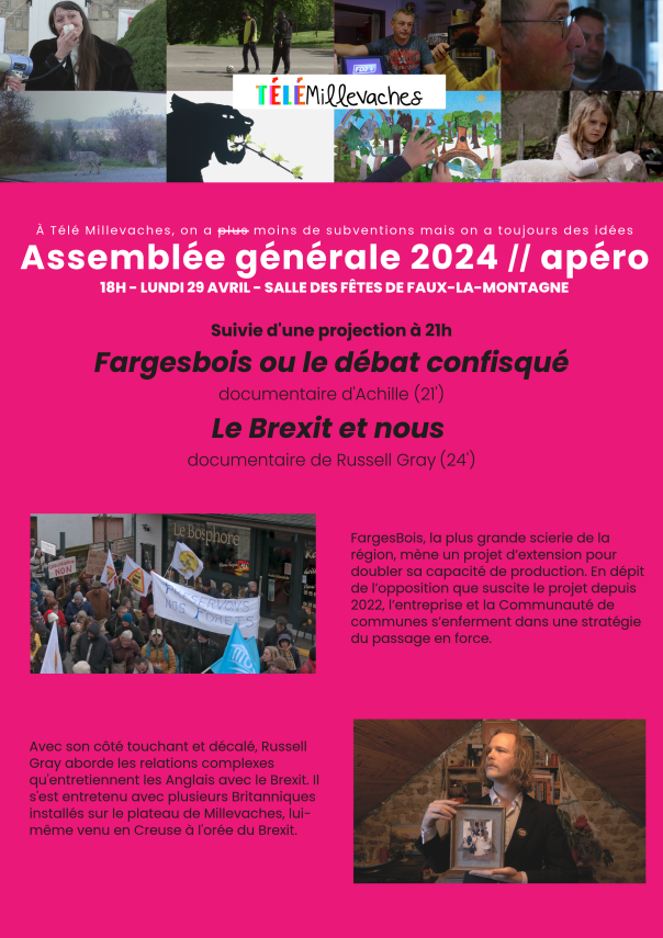 TMillevaches's tweet photo. Rendez-vous le lundi 29 avril à la salle des fêtes de Faux-la-Montagne pour assister à notre AG 2024, suivie d'un apéro dînatoire et d'une projection de deux documentaires inédits !
https://t.co/cFURc8iRRY https://t.co/JGO7jlQldq