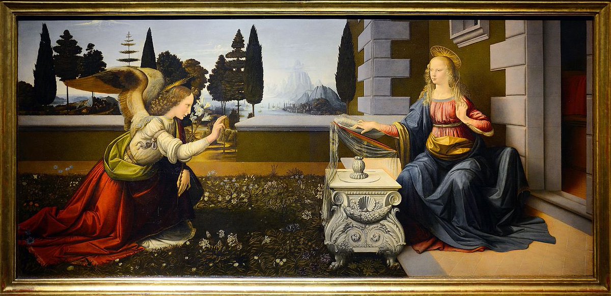 Annunciation, painted in around 1474 by Leonardo da Vinci, who was born on this day in 1452. Perhaps his earliest independent painting and quite an achievement.