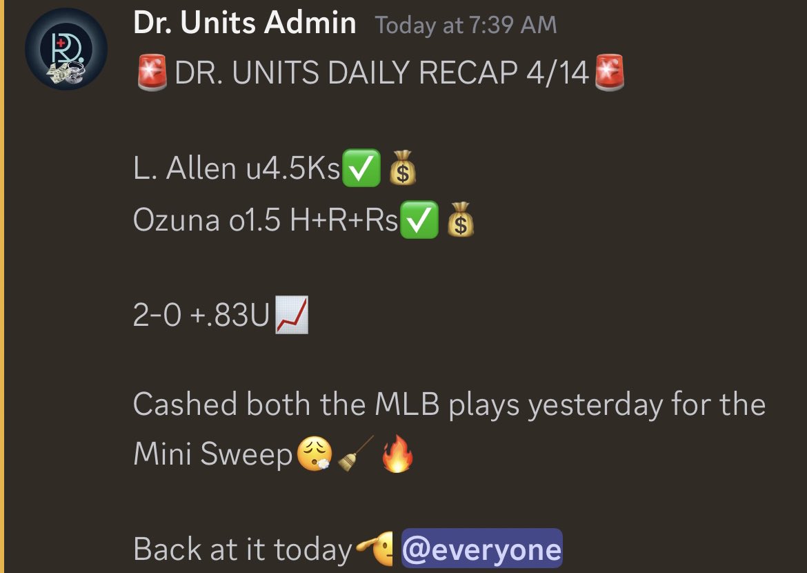 DrUnits's tweet image. 🚨DR. UNITS DAILY RECAP 4/14/24🚨

Logan Allen u4.5Ks✅💰
Ozuna o1.5 H+R+Rs✅💰

Our Discord members completed the 2-0 Mini-Sweep in the MLB thanks to @propsdotcash 📊🧹🔥

‼️TAP IN &amp;amp; JOIN OUR COMMUNITY TODAY TO GET DAILY WRITE UPS/ANALYSIS FOR FREE‼️

➡️discord.gg/ky2TGmWK