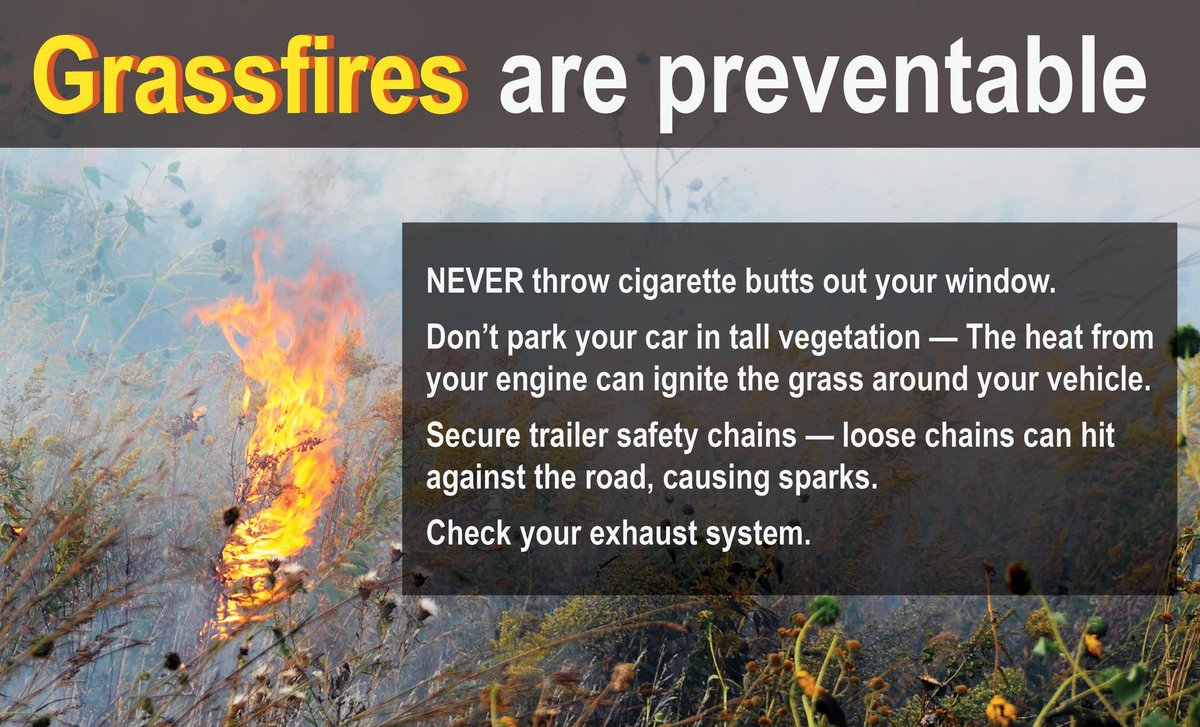 High fire danger is expected in parts of our state today. Please remember to take precautions when traveling: 🚭 Don't throw cigarette butts out the window 🔥 Avoid parking in tall grasses 💥Secure those tow chains, they can cause sparks if they hit the road way.