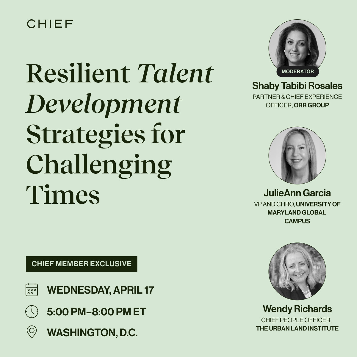 Calling all @JoinChiefNow members: this Wednesday, 4/17 at 5pm, Orr Group's Shaby Rosales will be moderating an in-person, member-exclusive panel on 'Resilient Talent Development Strategies for Challenging Times' in Washington, D.C. Learn more: chief.com/?utm_campaign=…