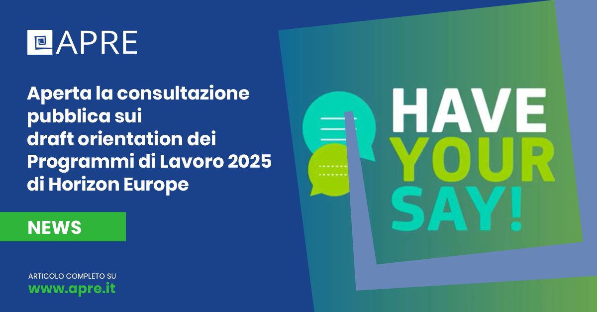 🆕 Aperta la consultazione pubblica sui draft orientation dei WP 2025 di Horizon Europe

🎯 I risultati dell’indagine, che terminerà il 6 maggio, contribuiranno al percorso di definizione dei WP dei prossimi mesi 🤝

👉 bit.ly/3xBtDBj

#EUHaveYourSay #HorizonEU