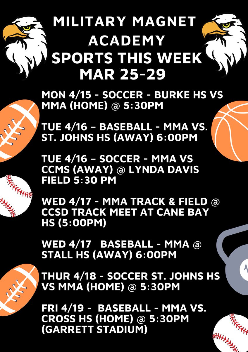 MMA Sports this Week - April 15-19, 2024
Let's Go EAGLES!!! #LeadCCSD #MMAUniverse #EaglePride #GoMMAEagles