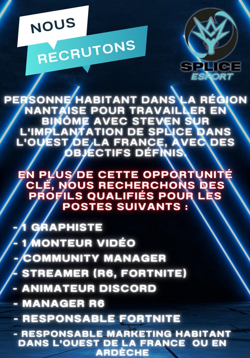 Splice Esport recrute ! 🫡

Si vous connaissez quelqu’un ou pensez être le profil parfait, n’hésitez pas ! 👋