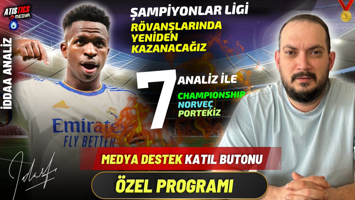 👇 Yine Şampiyonlar Ligi ve Championship. Bu sefer ekstra Norveç ve Portekiz'den de özel, tam kadro ve detaylarıyla analiz ettiğimiz toplam 7 mücadele var. Katıl butonu Medya Destek paketinde yayınlanacak canlı yayınımız bugün saat 18:45'de Atistics TV Youtube kanalında olacak.