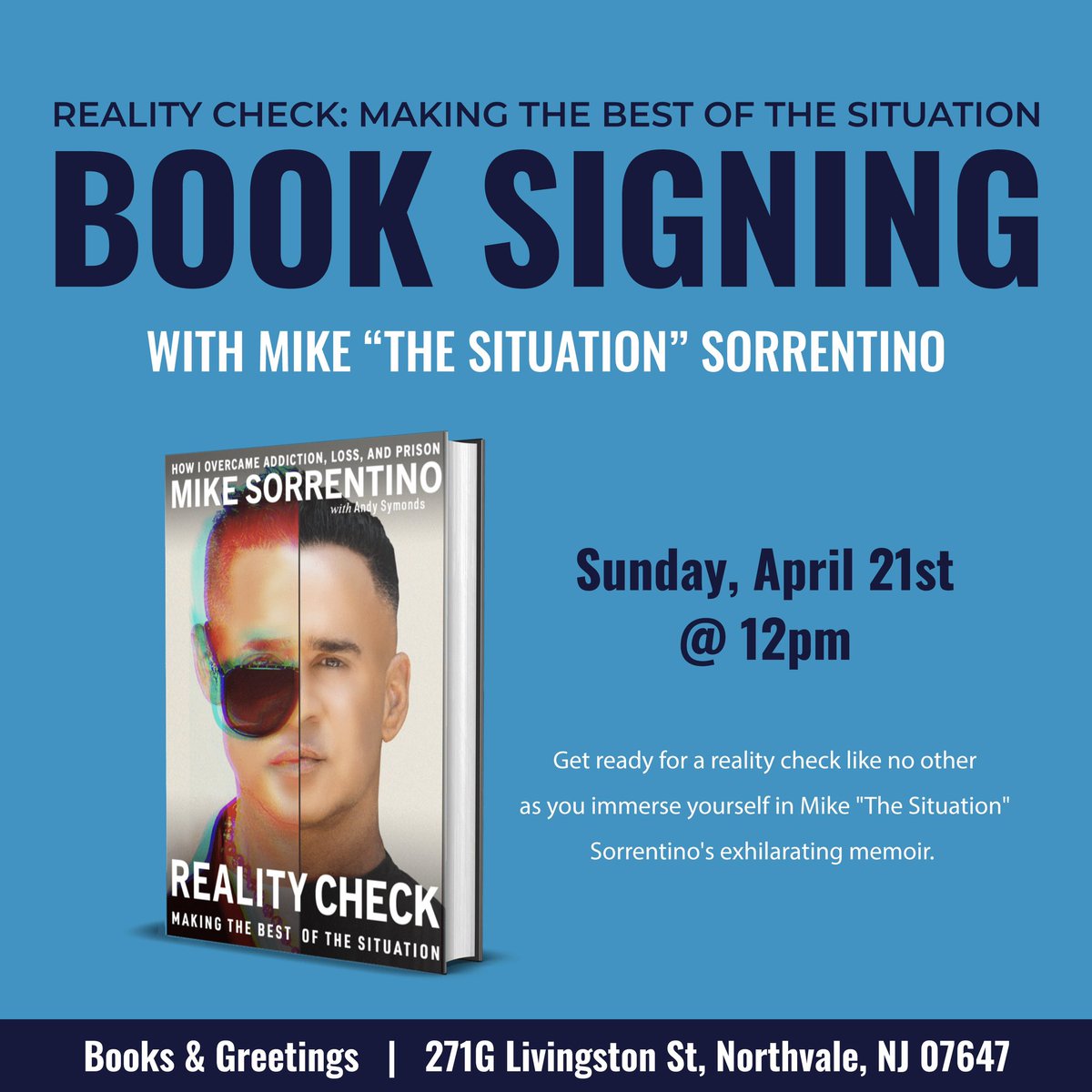 Northvale, NJ 🔥 Are you ready?📚

Join me April 21st @12pm at @booksngreetings for a Reality Check:Making the Best of the Situation Book Signing 😎

Tickets included with book purchase🎟️: 

eventbrite.com/e/meet-the-jer…

See you there 🔥😎