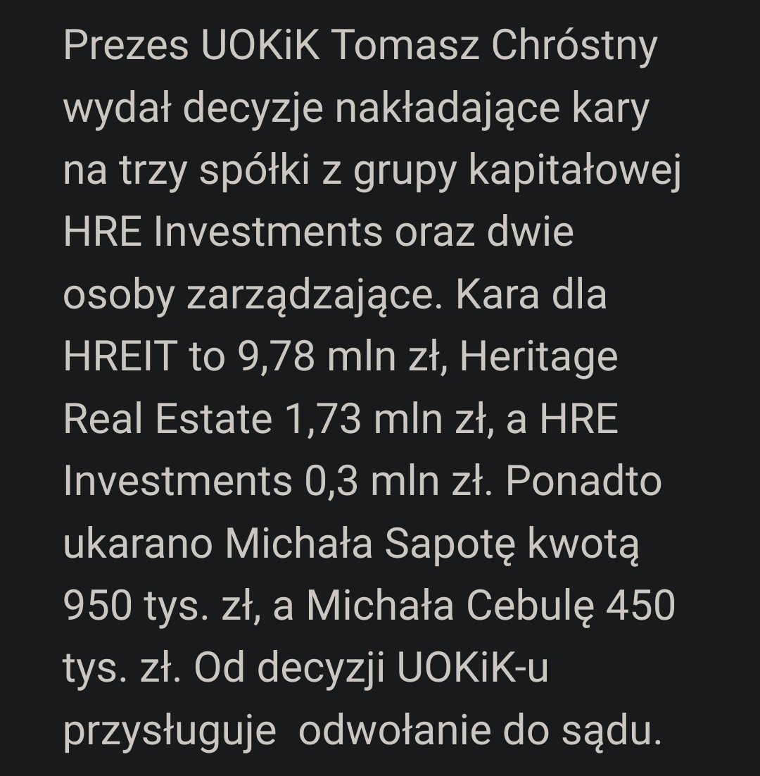 @MNiedorozwoju @UnfairValue1 @Gosc_RadiaZET @UOKiKgovPL @KDeweloperska @BetonoweZloto @DziadekZajac @agile_kothe @UOKiKgovPL ukarał trzy spółki:
- HRE Investments 0,3 mln zł
- HREIT 9,78 mln zł 
- Heritage Real Estate 1,73 mln zł
@RadioZET_NEWS radzę sprawdzić, na kogo się powołujecie, ponieważ takie artykuły podważają rzetelność waszych informacji.
parkiet.com/budownictwo/ar…