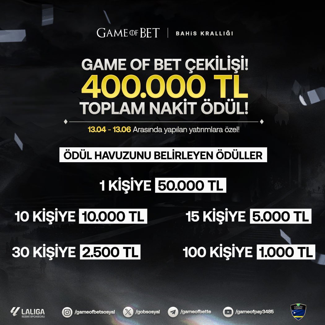 🐺 Üye Ol : gob.today/guncelgiris 💎Büyük Çekilişle Şansın #Gameofbet Krallığında Parlasın 🪙 #GAMEOFBET'TEN TOPLAM 4️⃣0️⃣0️⃣.0️⃣0️⃣0️⃣ ₺ NAKİT PARA ÖDÜLÜ 📌13 Hazian 23:59'a kadar Minimum 250₺ Her Yatırımın İçin Bir Bilet ➡️ Bu Işıltılı Fırsatı Kaçırma, Şansını Parlat !