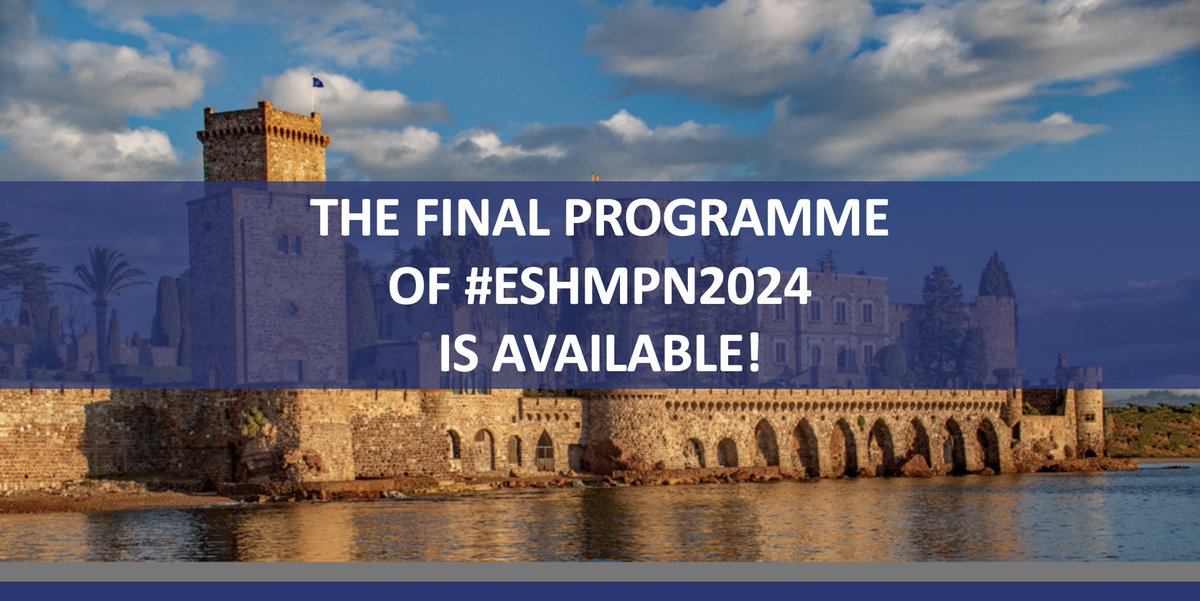 📣 #ESHMPN2024 READ THE FINAL PROGRAMME! The Conference starts on April 26th in Mandelieu 🇫🇷 Last days to register: proceed now ➡️ bit.ly/3PALAGS 10th Translational Research Conference on #MPN Chairs: @jjkiladjian, @rosslevinemd, @jyoti_nangalia #ESHCONFERENCES #MPNsm