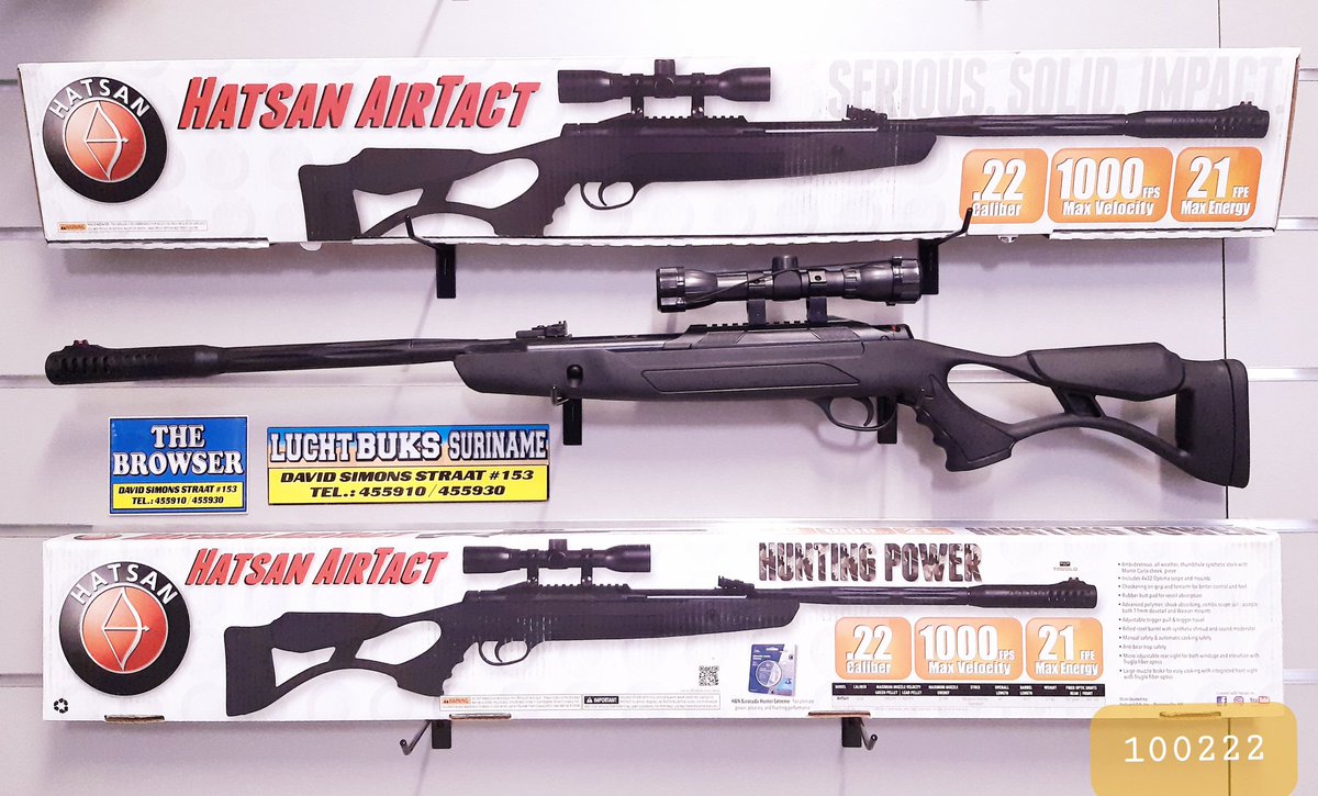 ✴️ NIEUWE SPORT INFORMATIE:
✅*(Made in Turkey-USA version). 
.
✴️Hatsan AirTact QE break-barrel Air Rifle.
✅with 4x32 Hatsan Optima Scope:
✅Caliber 0.22" (5.5mm).
✅Max Muzzle Energy 21 ft/lbs.
✅Max Velocity 1000 fps.
-----------------------
.
📱Whatsapp : +597 8583310
.