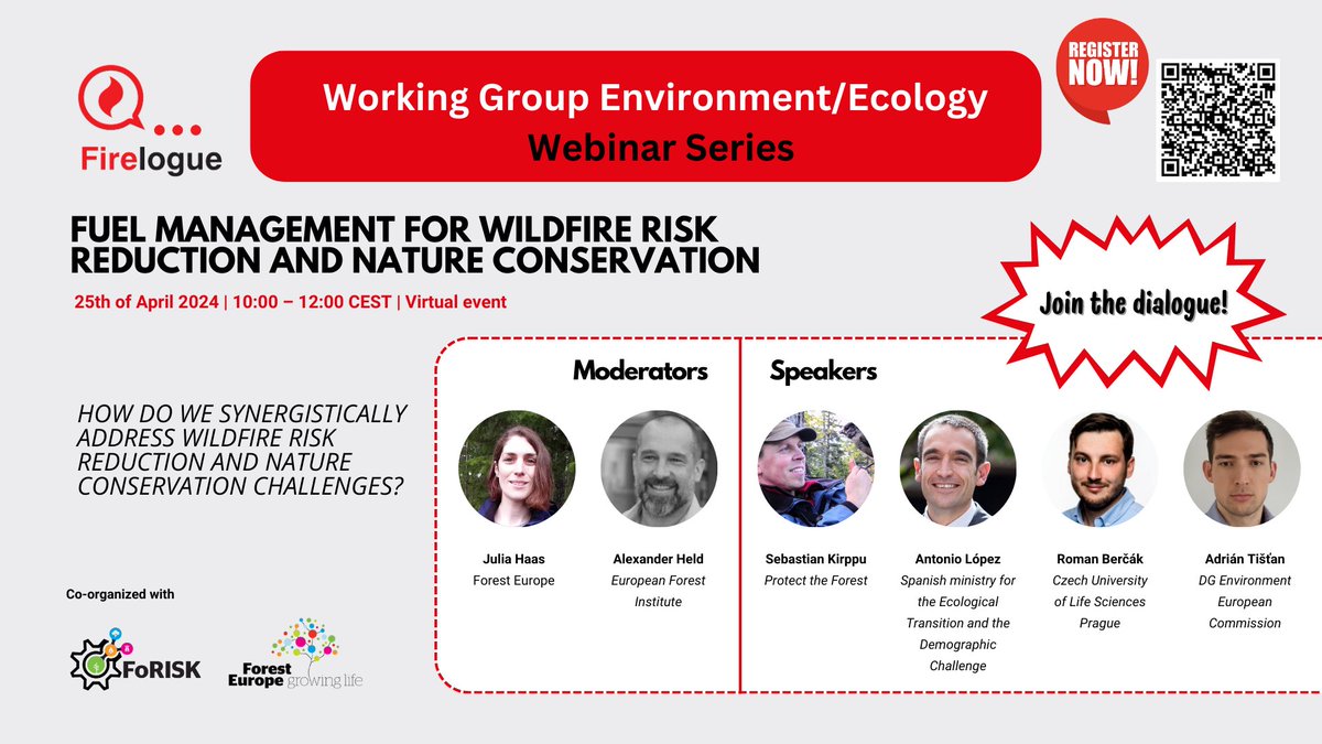 🔥Fire(dia)logue Webinar Series

🤔How can we synergistically address wildfire risk reduction &amp; nature conservation challenges?

Find more info for Environmental Working Group Webinar: firelogue.eu/webinar250424.… and register now🤝