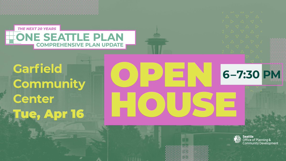 Our fifth One Seattle Plan open house is tomorrow in the Central District! Tuesday, April 16, 6:00 p.m. – 7:30 p.m. Garfield Community Center, 2323 E Cherry St Info and updates on future meetings near you: engage.oneseattleplan.com/en/events.