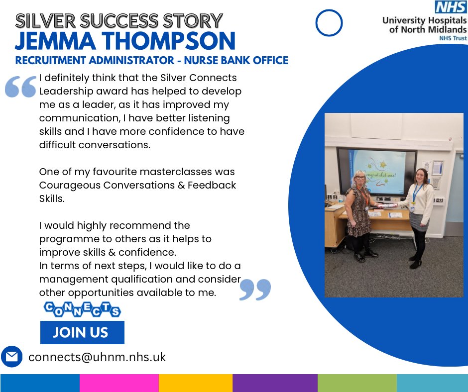 JHarvey1863's tweet photo. Check out the Silver Success Story below from Jemma Thompson! 🤩⬇️

If you want to find out more about the Silver Connects Programme or how we can support you on your leadership journey, contact connects@uhnm.nhs.uk 📧

#uhnm #leadershipdevelopment #odci https://t.co/dmqwJmKsCf