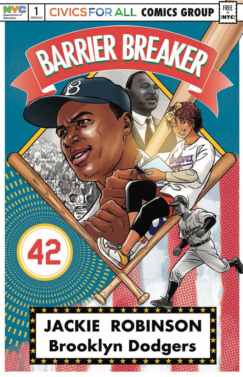 ⚾️🗣️On JACKIE ROBINSON DAY read the Civics for All Comics Group comic, Barrier Breaker #1, a story of Robinson breaking color line & so much more, by @Junecomix @YohuruWilliams @MichaelGLong2 @marissadraws @GoodTroublePro! #jackierobinsonday Download: weteachnyc.org/resources/reso…