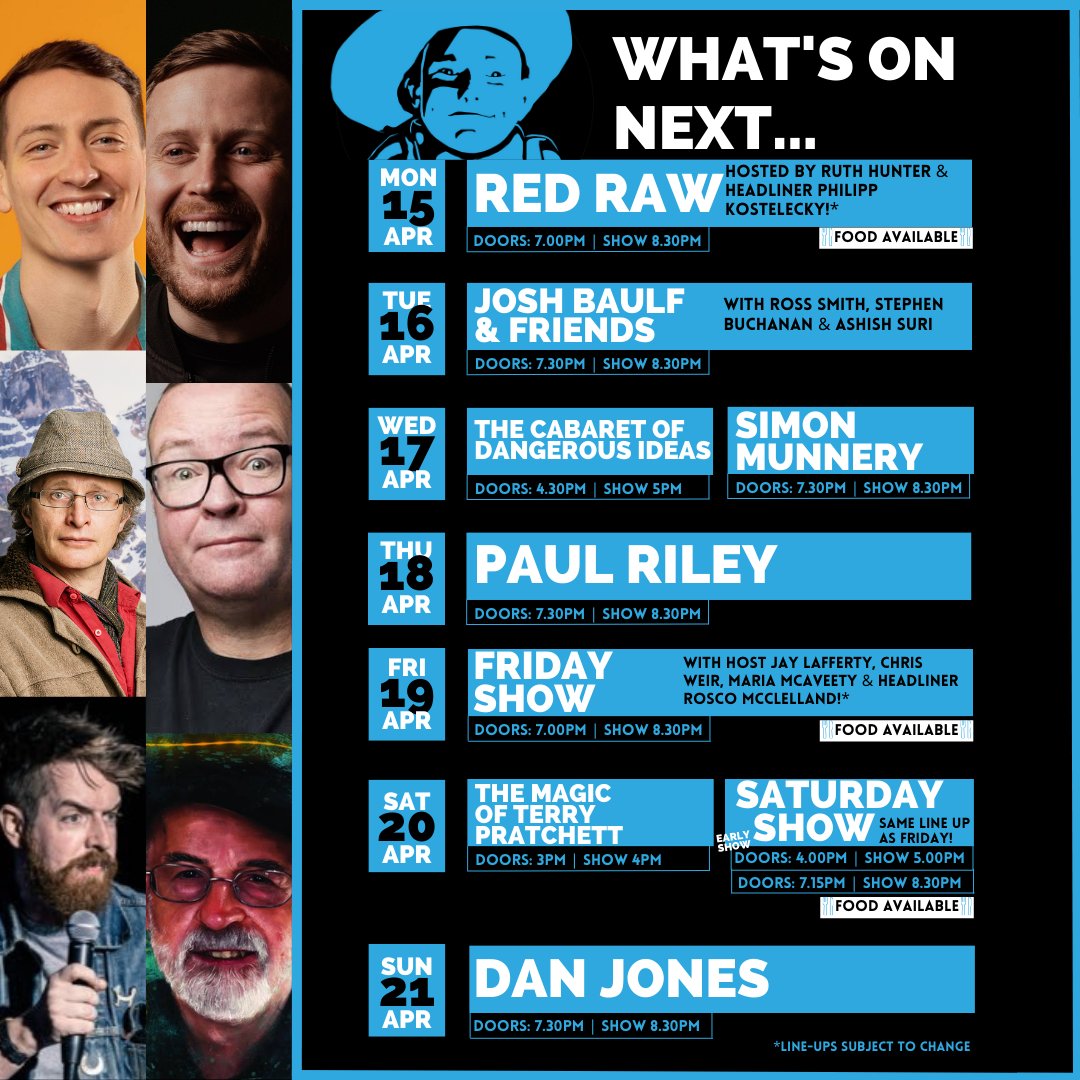 What's on this week... Philipp Kostelecky headlines tonight's Red Raw and we have some great shows throughout the rest of week, featuring Josh Baulf, Simon Munnery, Paul Riley & Dan Jones! 🎟️ thestand.co.uk/whats-on/edinb…