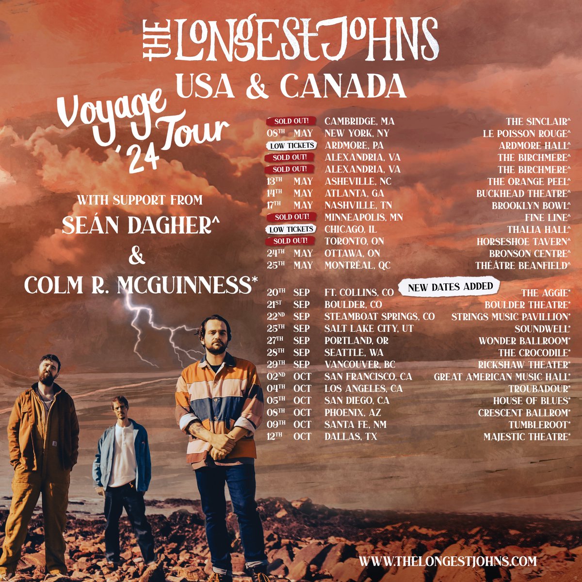 CITIZENS OF THE US AND CANADA Make sure you get your tickets to come and see us VERY SOON, as we continue the VOYAGE TOUR with the excellent @seandagher and @ColmRMcGuinness! thelongestjohns.com/live