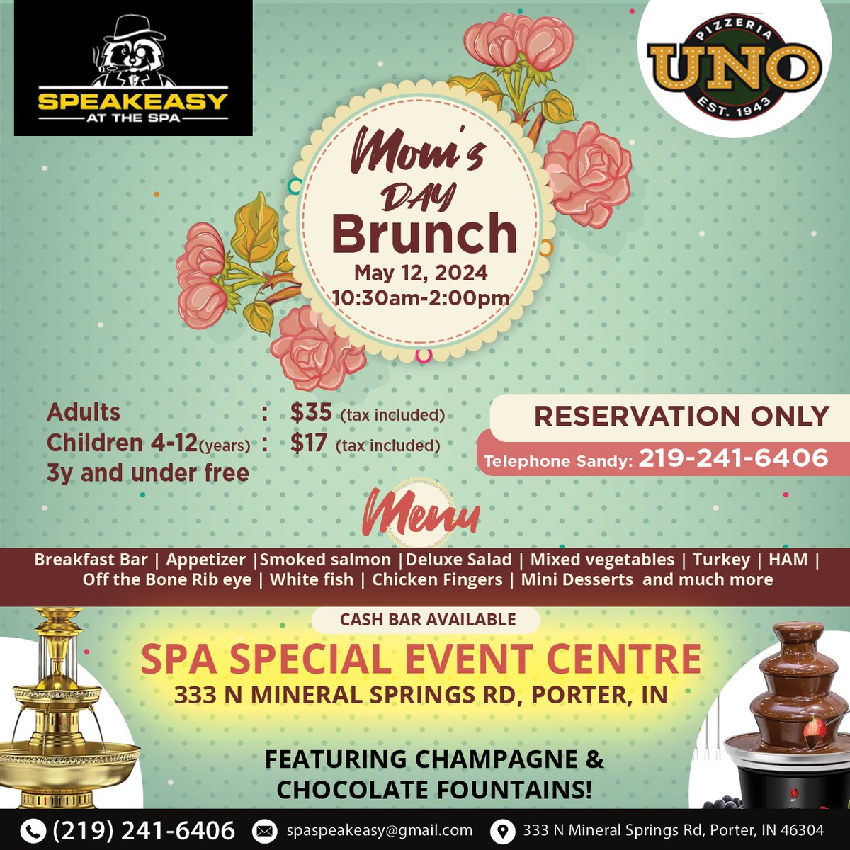 Celebrate Mom's Day with us at #SpeakeasyattheSpa! Join our brunch on May 12, 2024, from 10:30 AM to 2:00 PM. Reserve your table now!

#MomsDayBrunch #BrunchReservations #MothersDayCelebration #porterindiana #Indiana #indianafoodies