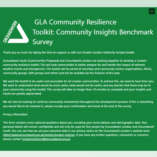 Groundwork South (Communities Prepared) and @GroundworkLON are working together to develop a London community resilience toolkit, funded by the Greater London Authority. Share your thoughts here: forms.office.com/e/LE1EHdaLfj