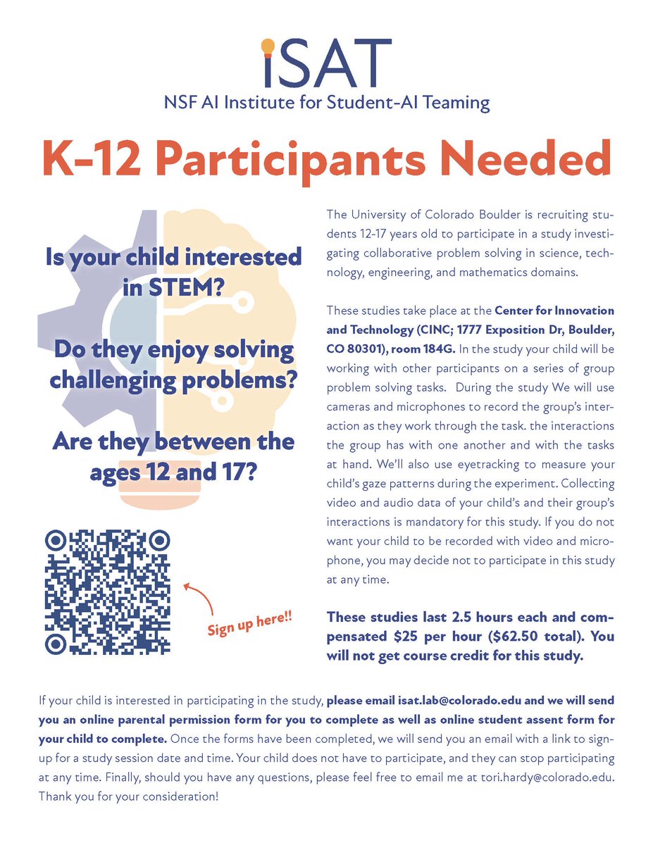 We are still recruiting 12-17 year olds to participate in our study at CU! We are studying small group collaboration and need 2-3 participants per session (share with your friends!). Participants will receive $62.50 in an Amazon giftcard. #boulder #stem <a href="/NSF_iSAT/">iSAT</a>