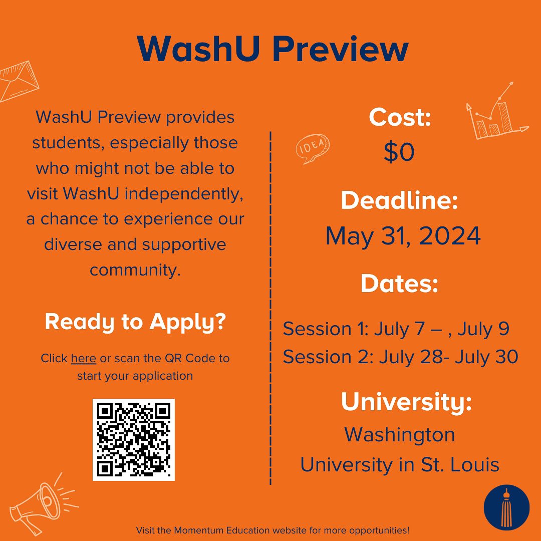 Class of 2025: We're excited to share that Washington University's Preview Days fly-in is open and accepting applications! If you are interested in learning more about student life at @wustl, don't miss out on this opportunity! Apply using the link in our bio! #OneMomentumFamily