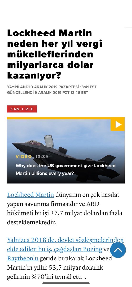 F-35’leri de üreten dünyanın en büyük savunma sanayi şirketi Lockheed Martin’in gelirlerinin yüzde kaçı 🇺🇸Amerikan devleti tarafından karşılanmaktadır sizce?

%70’i. 

Evet. Şirketin yüzde yetmiş geliri Pentagon ihaleleri ve hükümet teşvikleri sayesindedir.

Lockheed Martin,