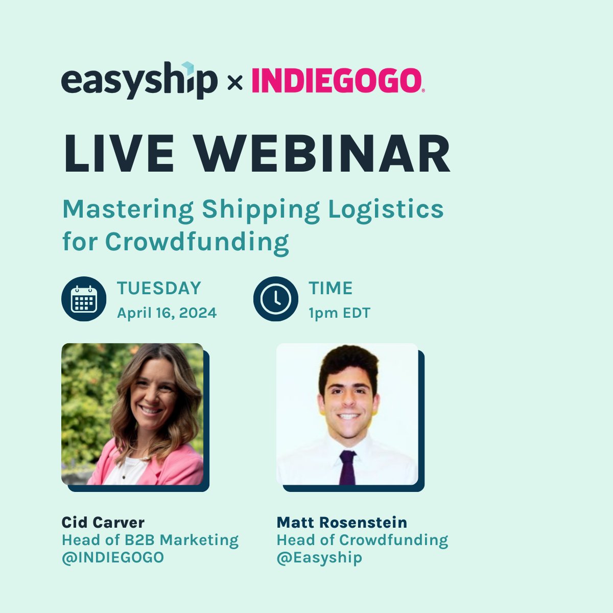 Join @Indiegogo and #Easyship tomorrow at 1PM ET to get insider tips on #crowdfunding #shipping and learn more about Easyship's #shippingsolutions for smoother #logistics ⚡  

Secure your spot here: tinyurl.com/3k443kwk
#crowdfunding #indiegogo #eCommerce